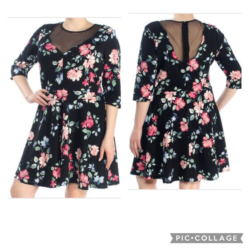 City Studios Party Dress Fit Flare Mesh Detail Floral 3/4 Sleeve Plus Sz 18